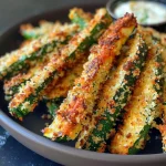 Juicy, crispy Zucchini Fries displayed on a wooden table.
