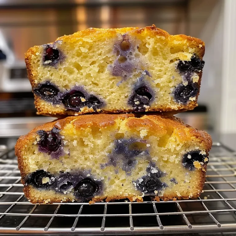 Side view of Lemon Blueberry Bread, displaying its fluffy interior and scattered blueberries on the surface.