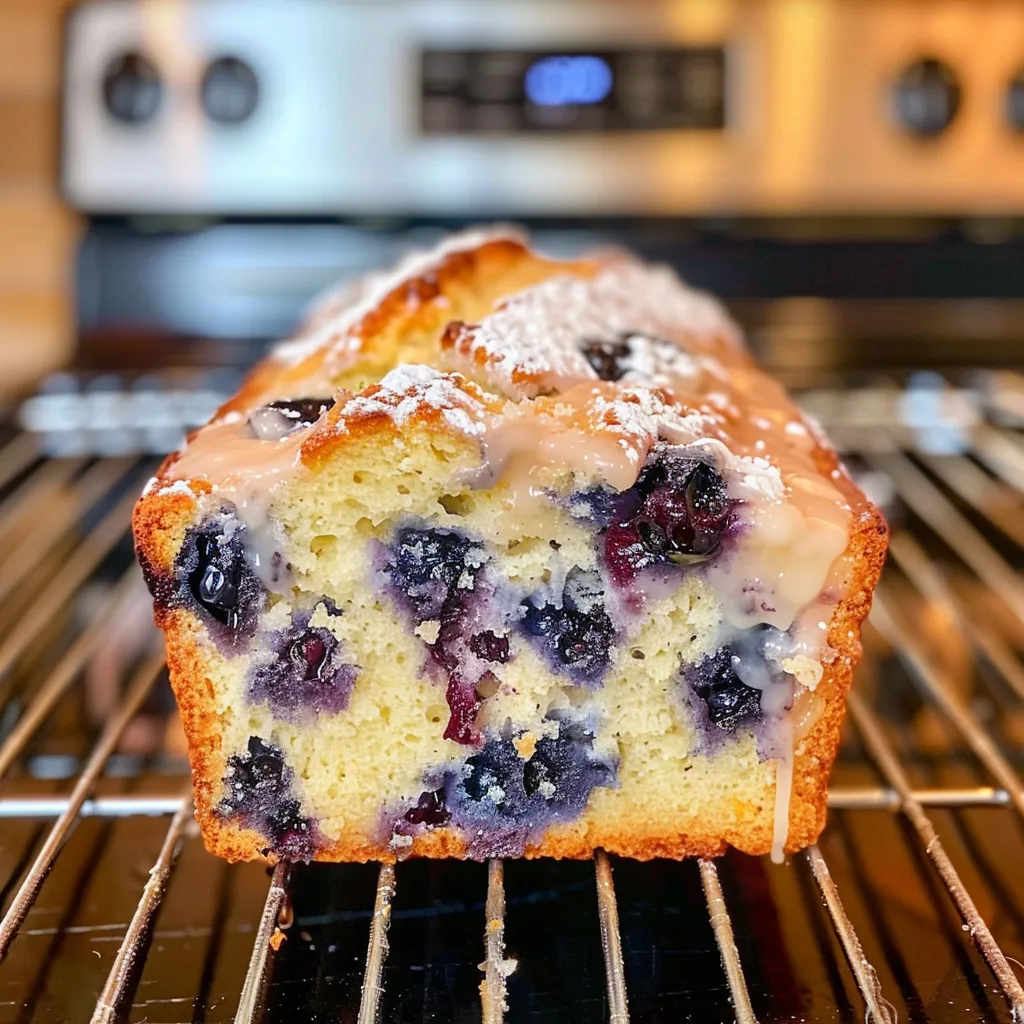 An iPhone shot featuring a slice of Lemon Blueberry Bread, revealing its lemony glaze and fresh blueberries.