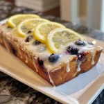 A delectable slice of Lemon Blueberry Yogurt Loaf showcasing its fluffy texture and vibrant blueberries.