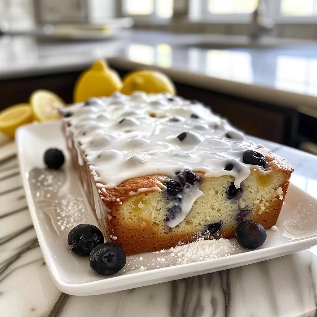 Freshly baked Lemon Blueberry Yogurt Loaf with a glistening lemon glaze and juicy blueberries.