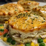 Side view of freshly baked Mini Chicken Pot Pie Biscuits topped with cheese.