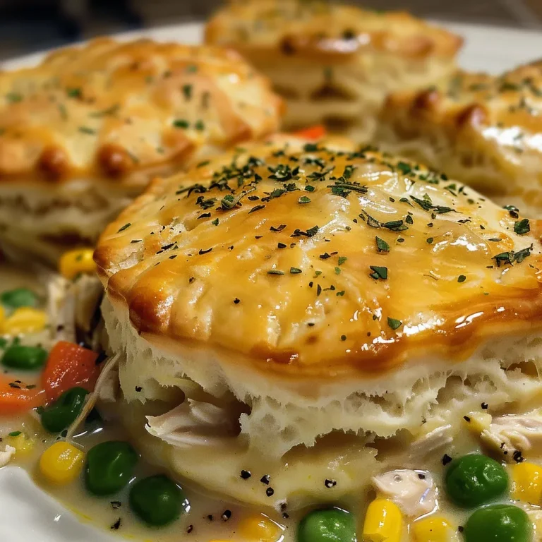 Side view of freshly baked Mini Chicken Pot Pie Biscuits topped with cheese.