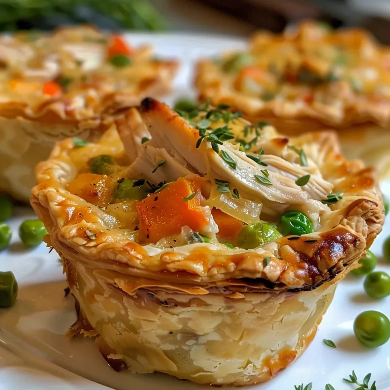 Wholesome Bites: Crafting Irresistible Mini Chicken Pot Pie Cups Juicy Mini Chicken Pot Pie Cups showcasing flaky pastry and colorful filling.