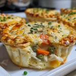 Side view of baked mini chicken pot pies, filled with chicken and vegetables.