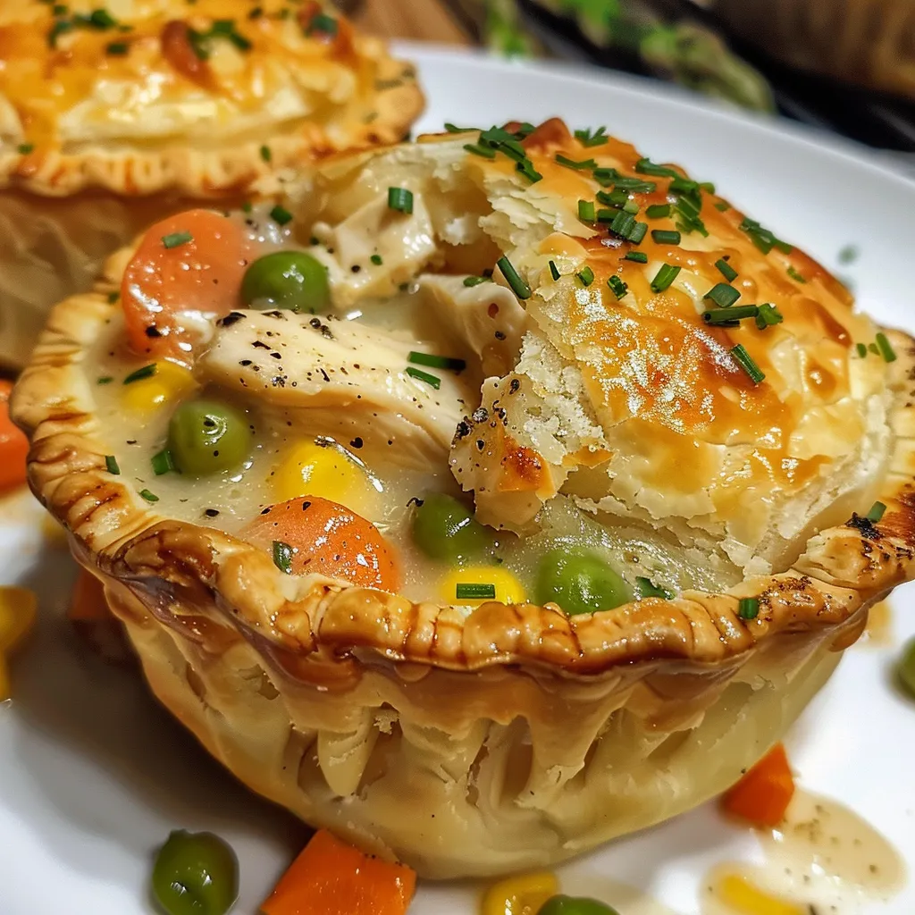 A collection of mini chicken pot pies filled with vegetables and chicken, glistening under soft light.