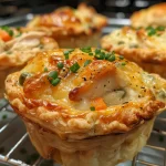 Side view of freshly baked mini chicken pot pie muffins with a textured crust and visible filling.