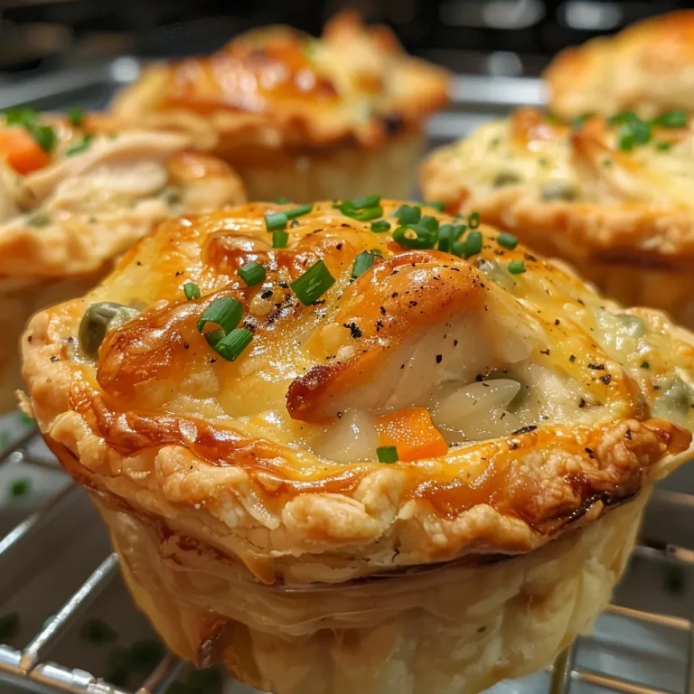 Side view of freshly baked mini chicken pot pie muffins with a textured crust and visible filling.