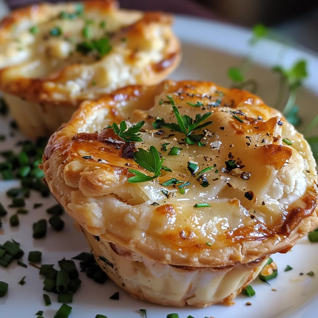 Flaky mini chicken pot pie muffins arranged closely, emphasizing their savory ingredients.