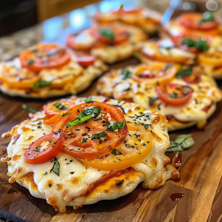 Juicy mini flatbread pizzas displayed on a plate, showcasing their toppings.