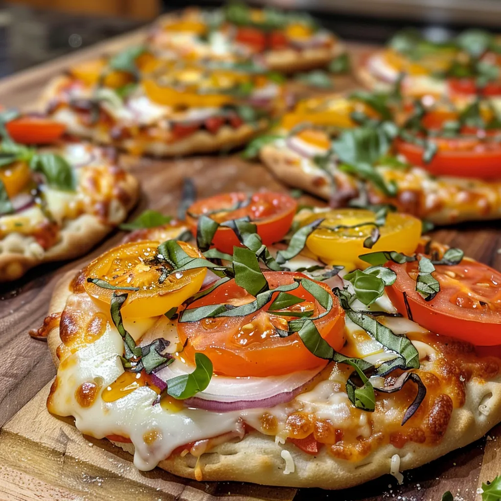 Delicious mini flatbread pizzas with melted cheese, tomatoes, and herbs in focus.