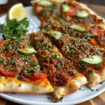 Detailed side view of a Mini Lahmacun featuring yogurt dressing and colorful vegetables.