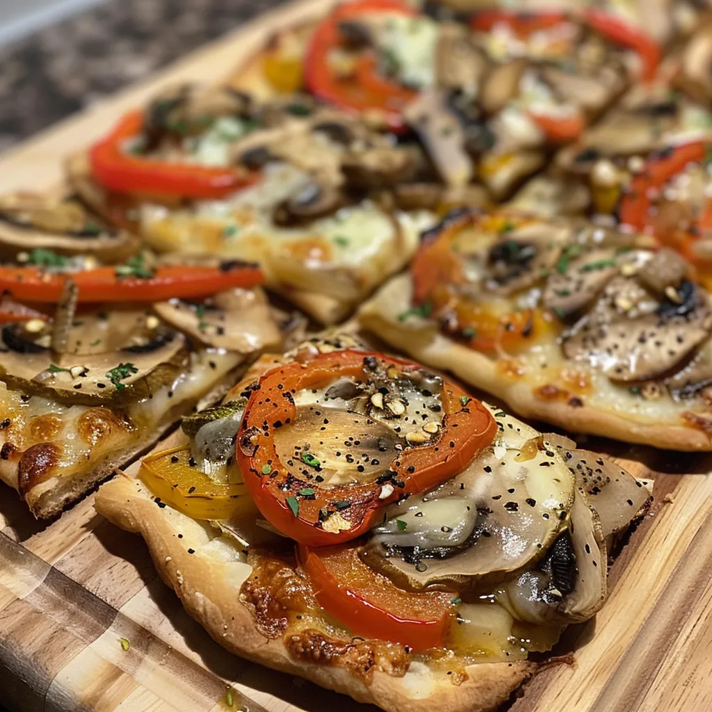 Appetizing Mini Veggie Flatbreads featuring red and green vegetables and cheese.
