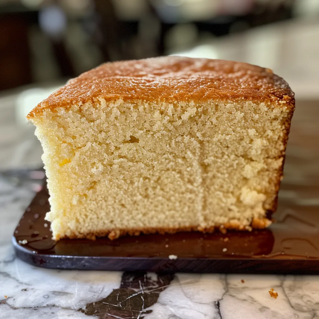 Soft and moist vanilla pound cake displayed on a wooden table.