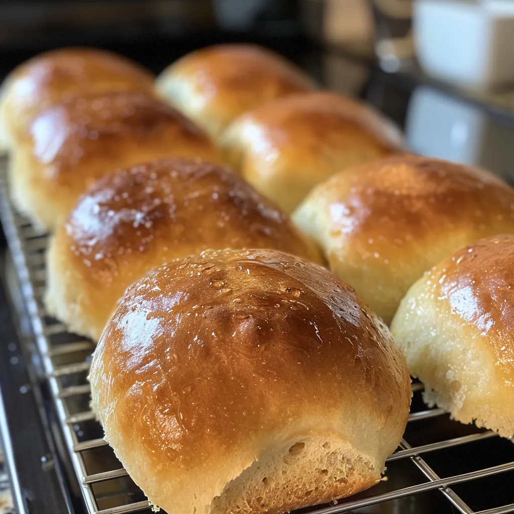 Side view of warm oat flour dinner rolls highlighting their crusty exterior.