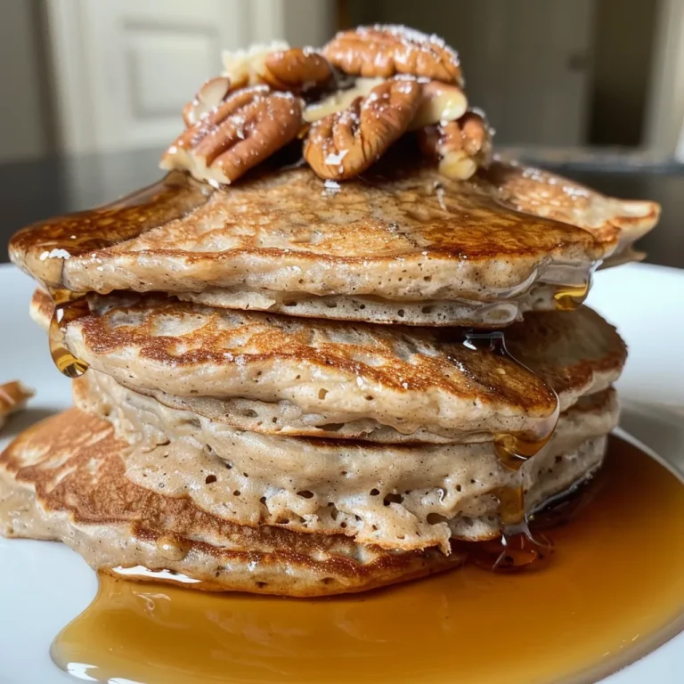Side perspective of oatmeal protein pancakes dripping with maple syrup, showcasing their texture.
