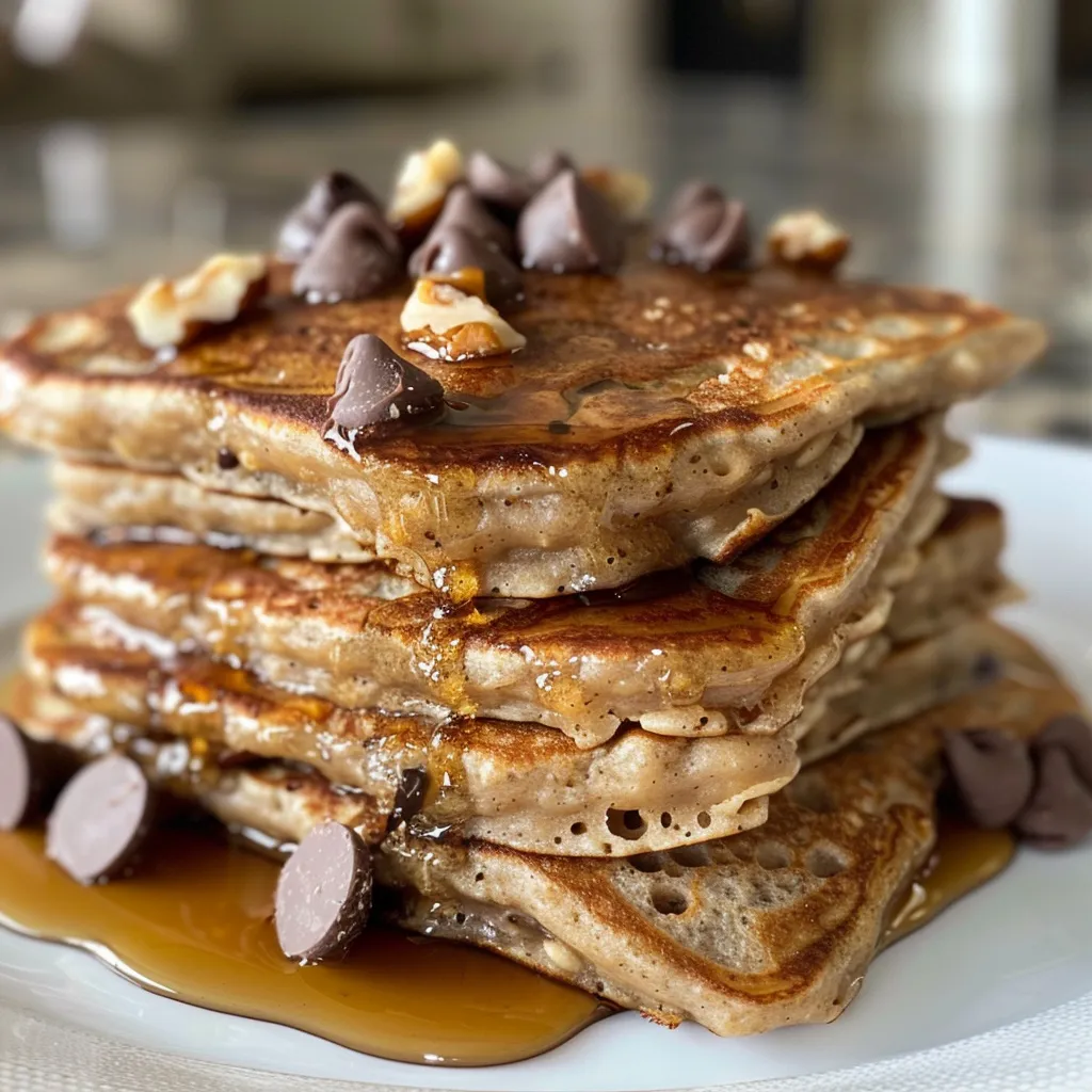 A mouthwatering arrangement of oatmeal protein pancakes garnished with chopped nuts.