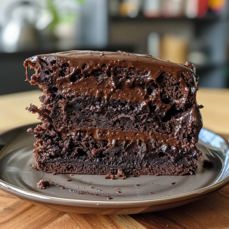 Indulge in Simplicity: The One-Bowl Chocolate Fudge Cake That Delights Side view of a delicious chocolate fudge cake, highlighting its glossy frosting.