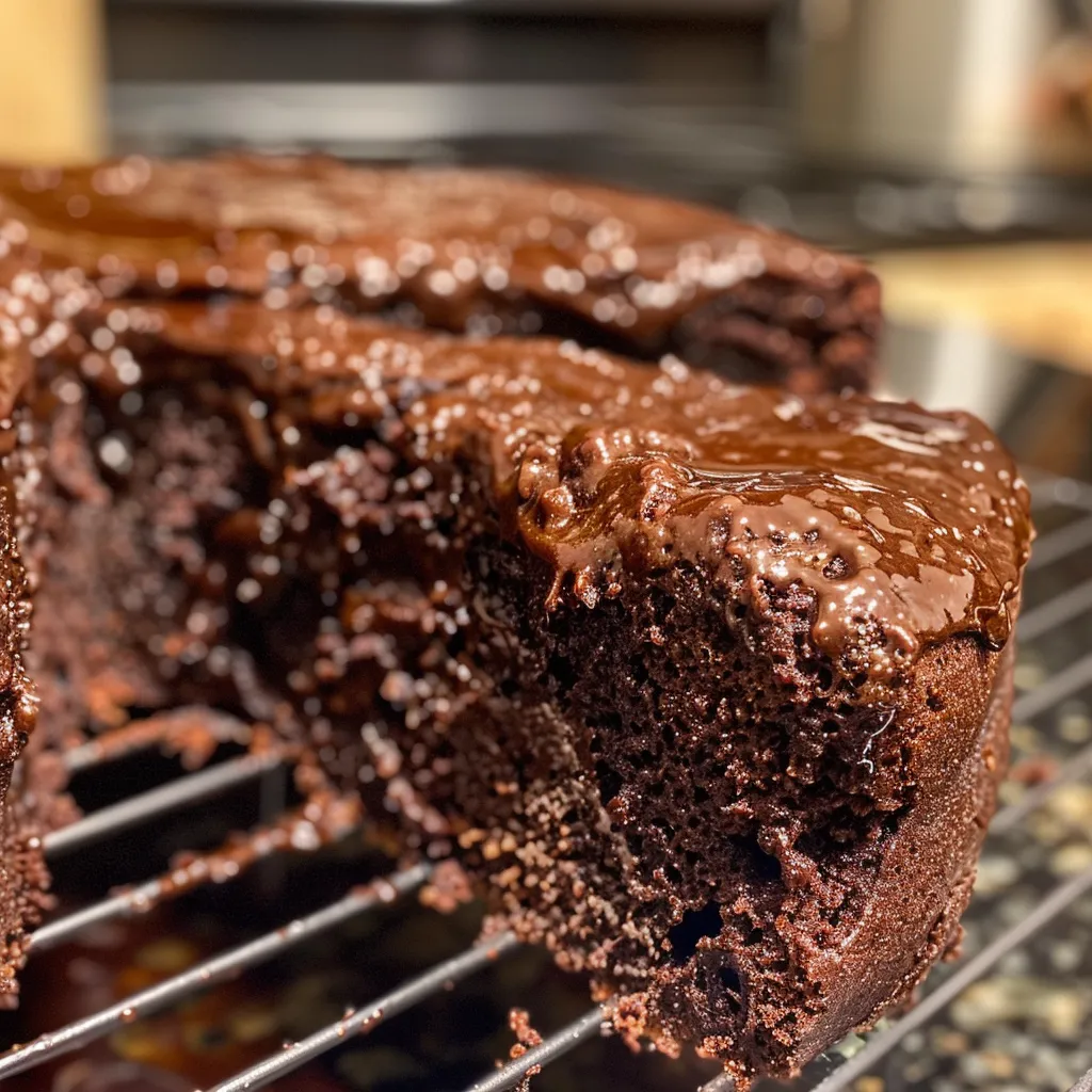 Indulgent chocolate fudge cake with a soft, rich appearance, ready to enjoy.