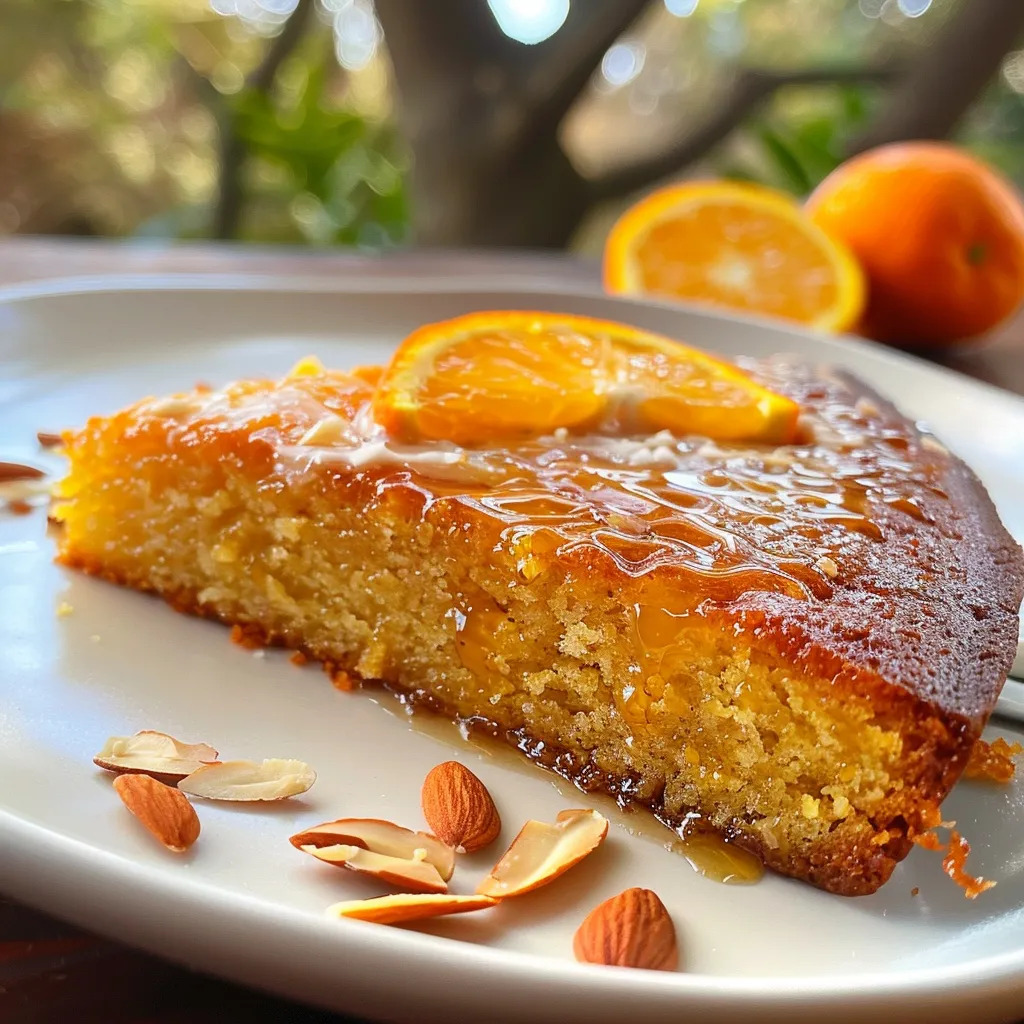 A slice of orange almond olive oil cake with a rich glaze and garnished with orange zest.