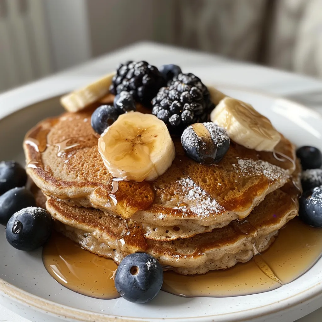 Delicious protein-filled oat pancakes featuring a vibrant assortment of fruits on a wooden table.