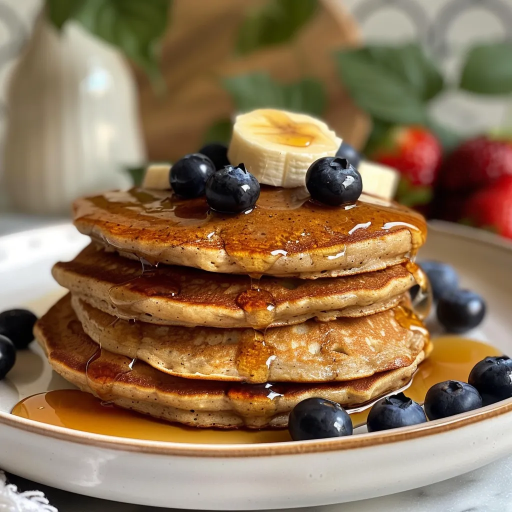 Captivating image of golden Protein Oatmeal Blender Pancakes served with a dollop of Greek yogurt.