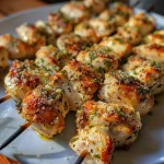 Air-fried Ranch Garlic Parmesan chicken pieces on skewers, highlighting their juicy texture.
