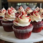 Juicy red velvet cupcakes topped with white frosting, photographed from the side.