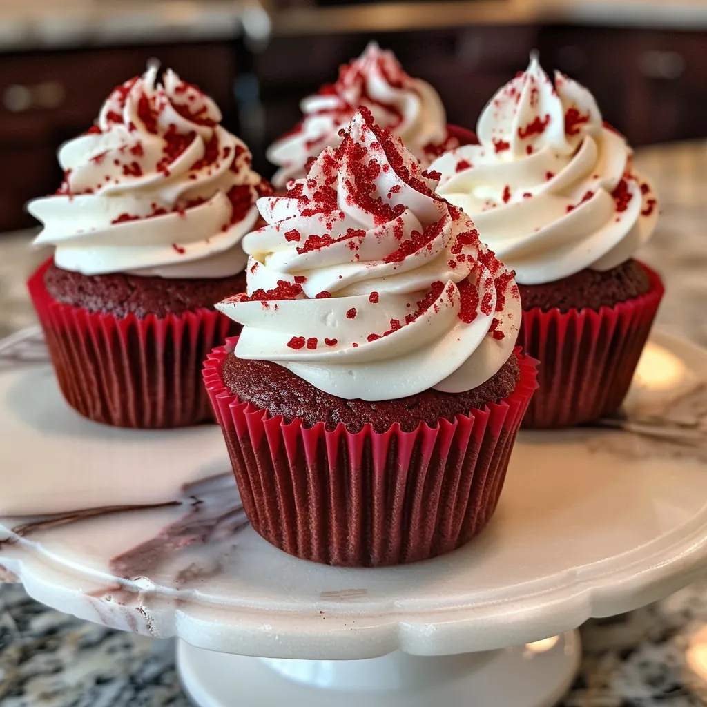 Close-up of red velvet cupcakes topped with cream cheese and colorful sprinkles, against a blurred background.