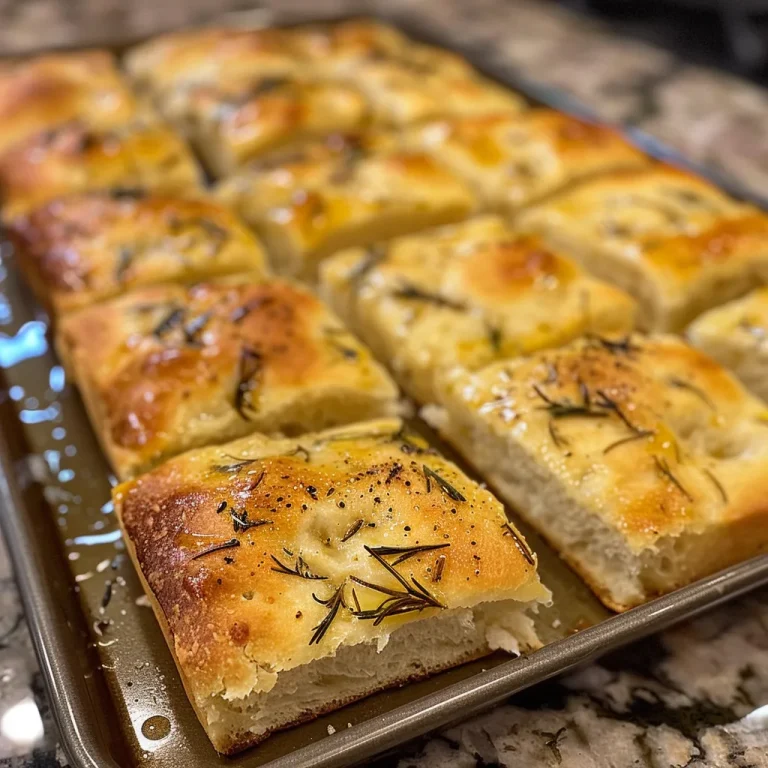 Juicy rosemary focaccia showcasing its airy texture and sprigs of fresh rosemary.