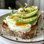 Delicious cottage cheese toast with layers of ripe avocado and boiled eggs, seasoned with flaky sea salt and black pepper.
