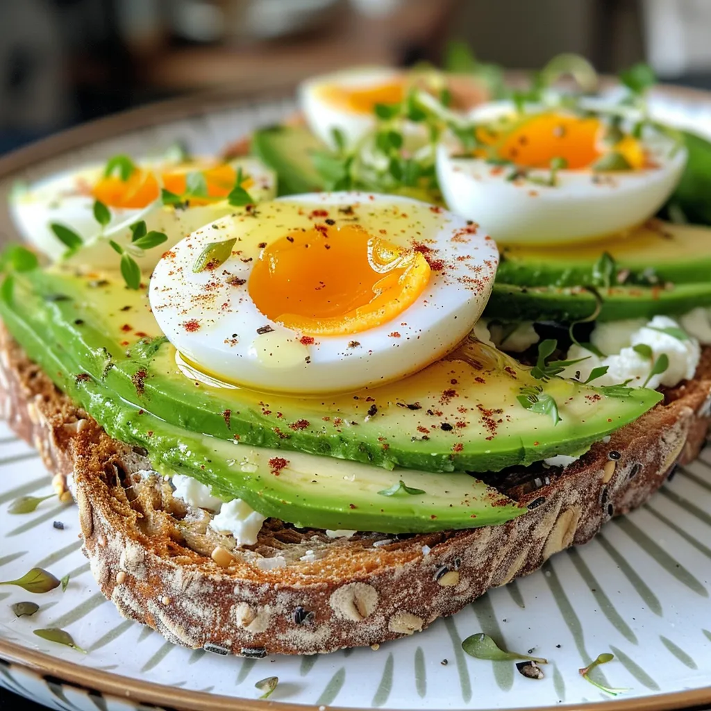 Appetizing photo of toast topped with cottage cheese, sliced avocado, and two halves of boiled eggs, displayed on a wooden board.