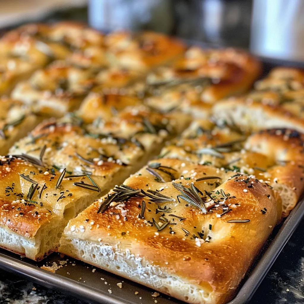 Detailed texture of focaccia bread featuring bubbling air pockets and rosemary sprigs.