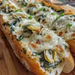Juicy garlic bread cut open to reveal a layer of spinach and artichoke filling.