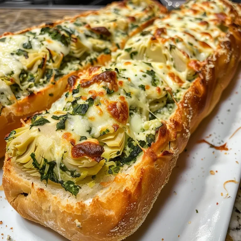 Baking Joy: The Ultimate Spinach and Artichoke Stuffed Bread Recipe Juicy spinach and artichoke stuffed bread with visible layers of cream cheese and cheese, presented on a wooden board.