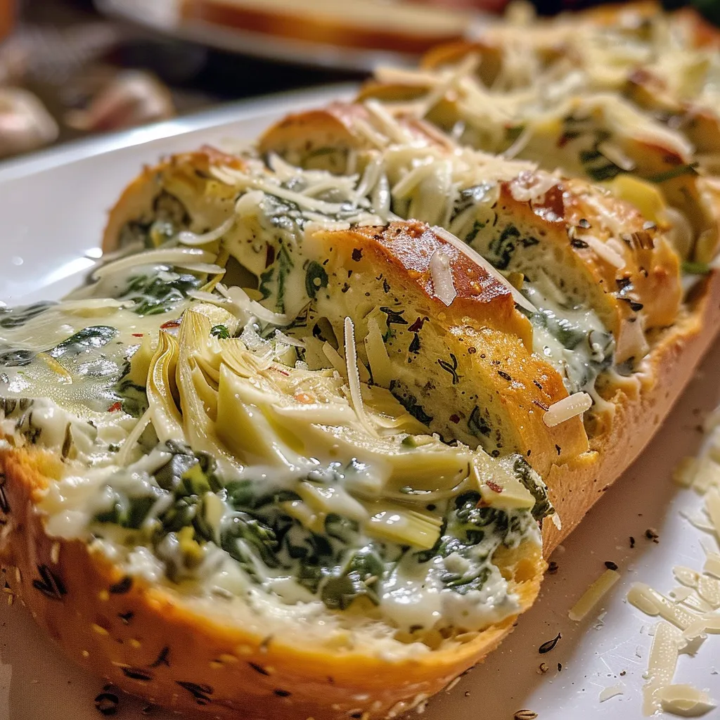Appetizing Spinach and Artichoke Stuffed Bread sliced open to reveal creamy, cheesy filling.
