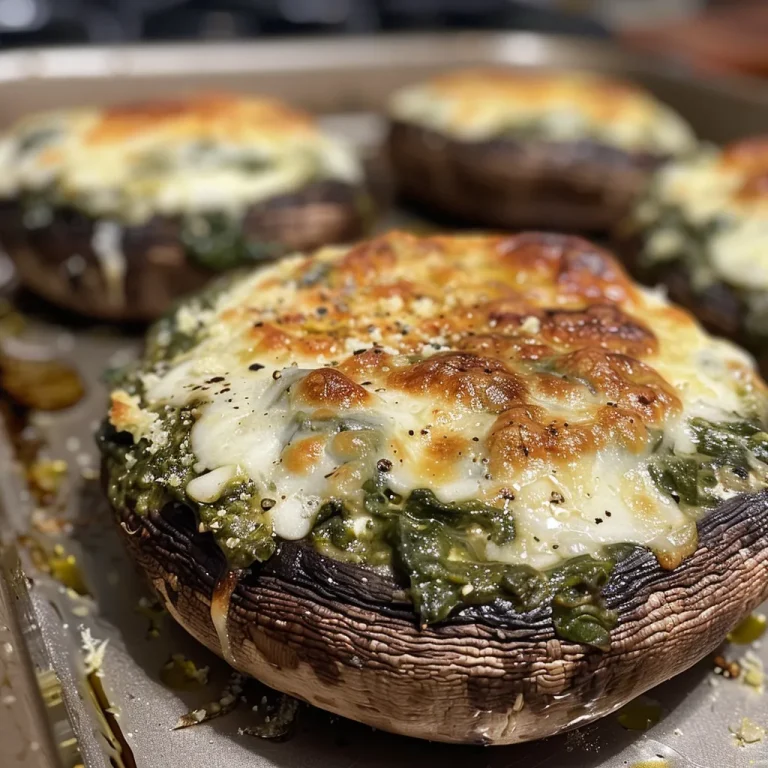 Elevate Your Dinner with Spinach and Cheese Stuffed Portobello Mushrooms Delicious stuffed mushroom showcasing melted cheese and fresh spinach filling.
