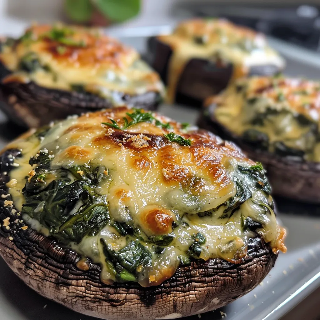Side view of a large Portobello mushroom stuffed with creamy spinach and cheese mixture.