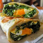 A detailed side shot of a spinach and egg wrap highlighting vibrant greens and eggs.