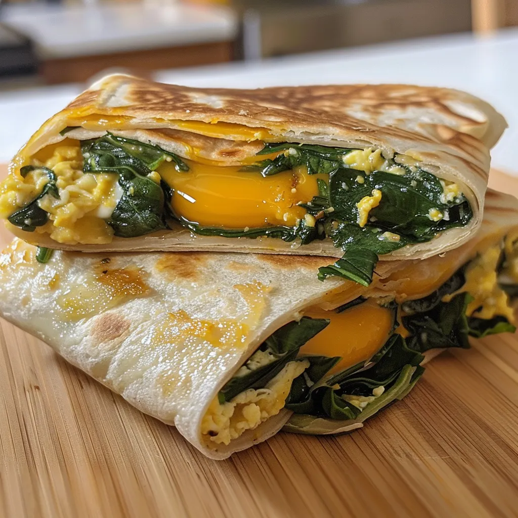 An appetizing close-up of a spinach and egg wrap with visible ingredients peeking out.