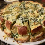 Juicy Spinach Artichoke Pull-Apart Bread with a mix of green spinach and artichoke hearts peeking through.