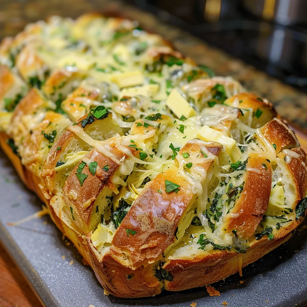 A slice of Spinach Artichoke Pull-Apart Bread showcasing gooey melted cheese and herbs.