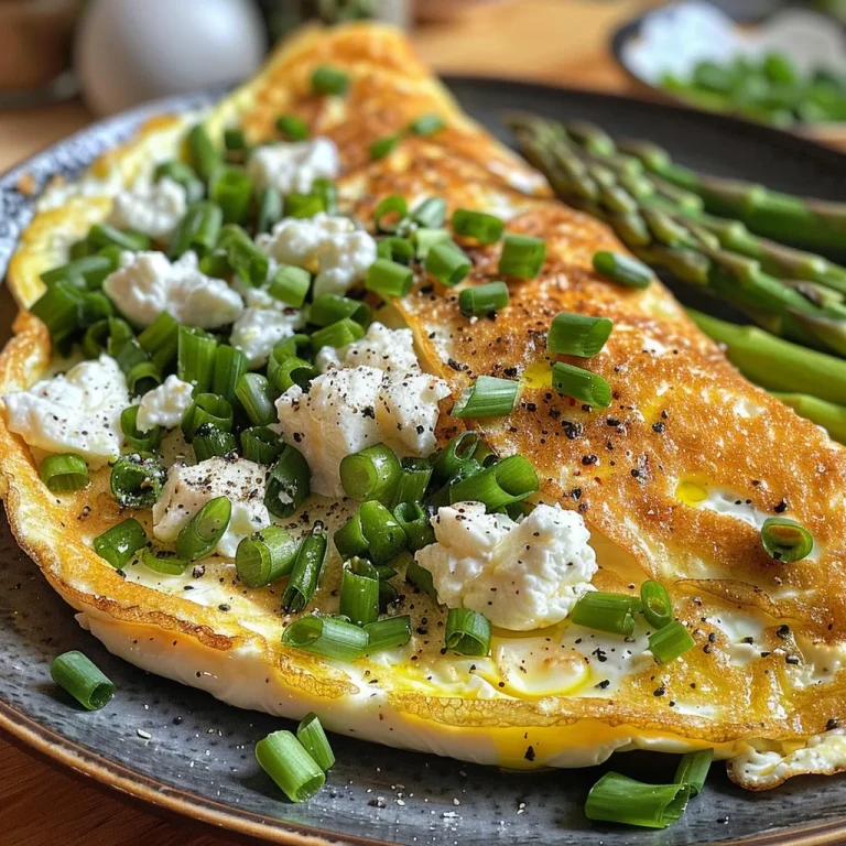 A vibrant omelette showcasing pieces of asparagus and melted goat cheese, freshly cooked.