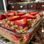 Delicious bowl of strawberry baked oatmeal showing juicy strawberries and a textured surface.