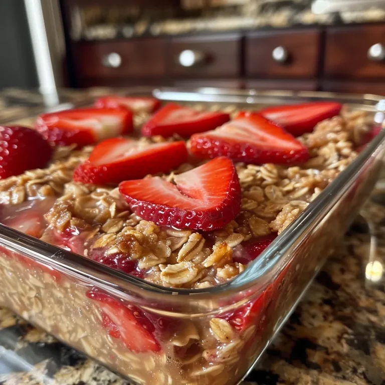 Embrace Mornings with Delightful Strawberry Baked Oatmeal Side view of golden brown baked oatmeal with bright red strawberry pieces on top.