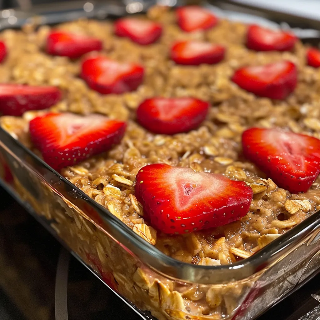 Succulent baked oatmeal with visible strawberries, highlighting its delicious appeal.