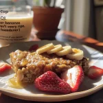 A portion of Strawberry Banana Bread Baked Oatmeal displayed on a plate, with visible chunks of fruit.