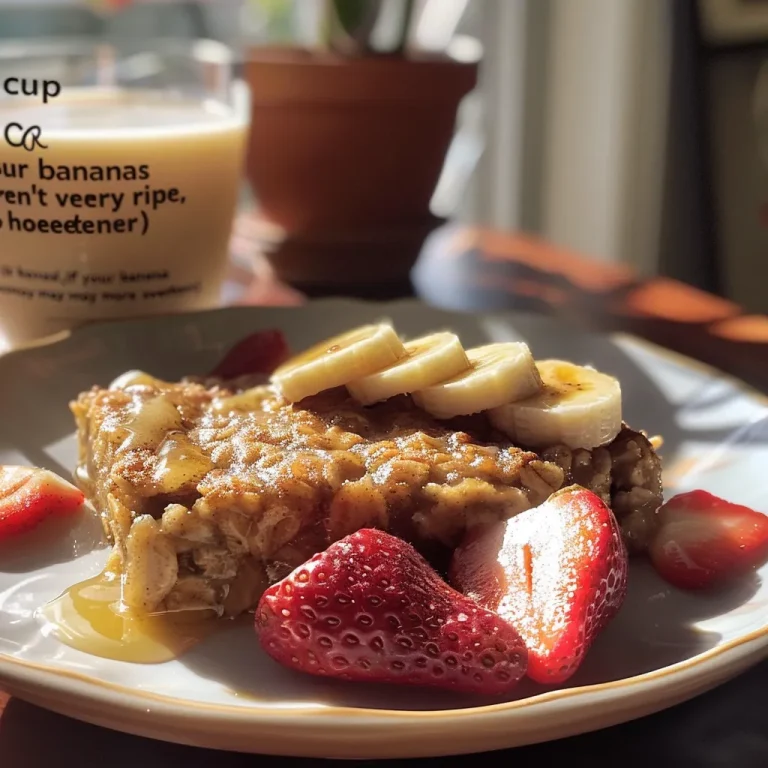 A portion of Strawberry Banana Bread Baked Oatmeal displayed on a plate, with visible chunks of fruit.