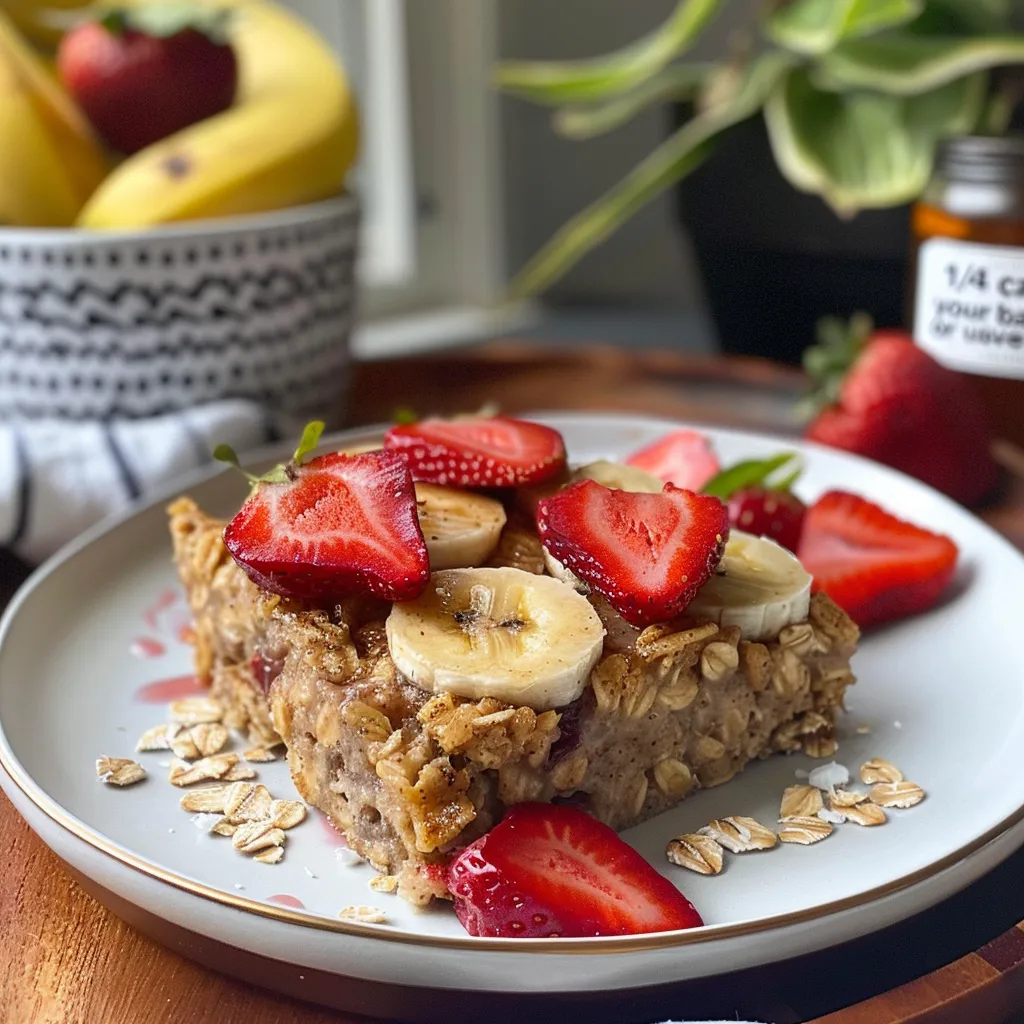 A slice of oatmeal bake with strawberries and bananas, captured from the side to emphasize its layered look.