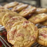 A close-up of baked Strawberry Sheet Cake Cookies with a focus on their pink hue and icing.